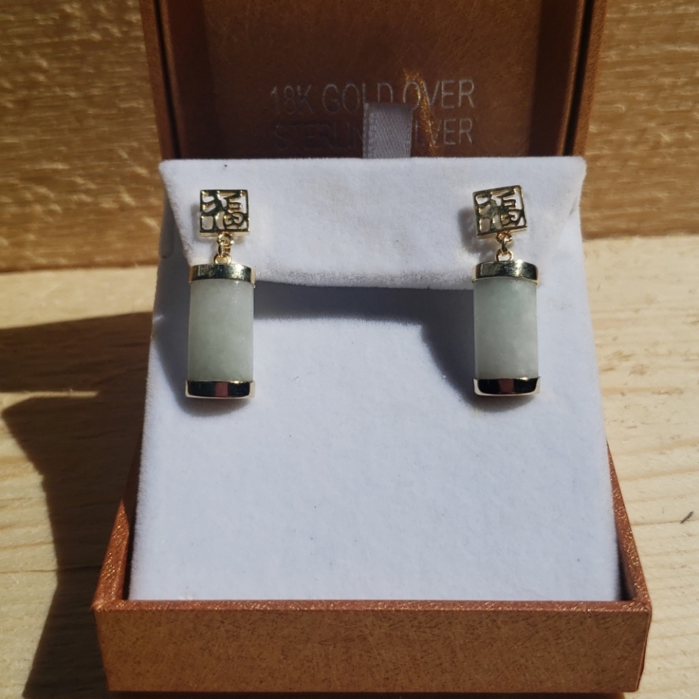 Genuine Jade Green Good Luck Earrings 18k